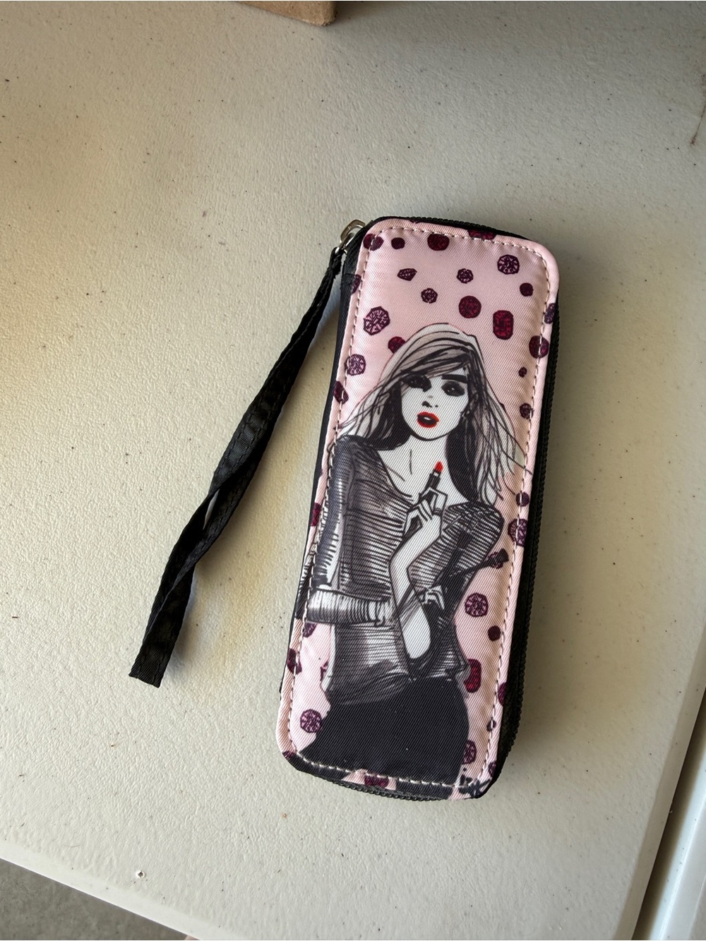 Pink Illustrated Wristlet Cosmetic Pouch with Wrist Strap